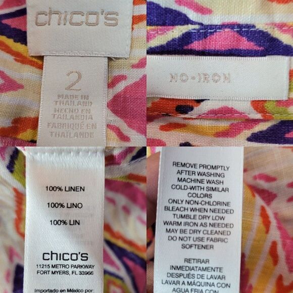 Chico's Top Blouse NO-IRON Ikat Linen Button-Back Shirt Size 2 Pink Southwestern - Picture 3 of 11